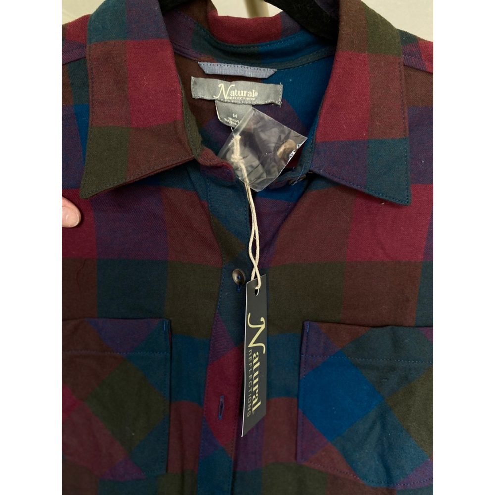 Natural Reflections Plaid Cotton Button-Up Shirt Burgundy Blue Olive Autumn Boho - Picture 4 of 8